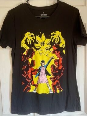 Stranger Things Graphic Tee - Black with Yellow & Red Print-Junior XL